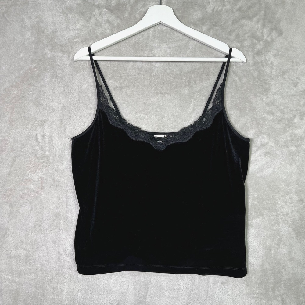 Vtg Gilligan Tank Top Cami L Black Velvet Lace Whimsigoth Grunge Coquette‎ Y2K